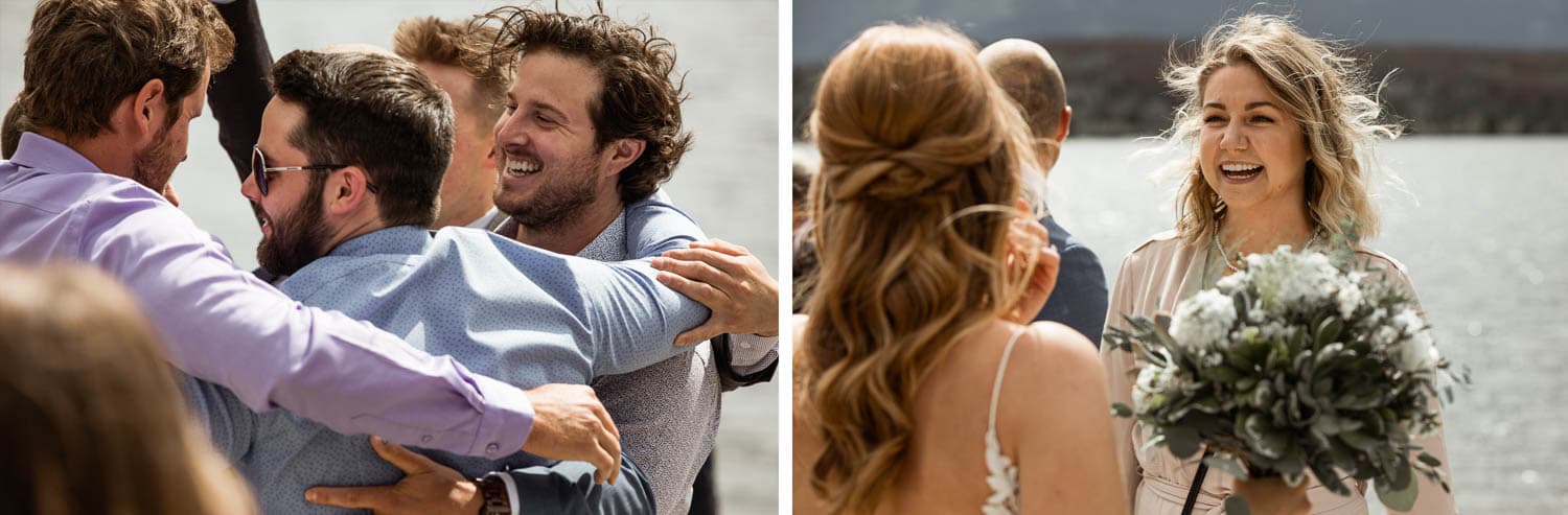 guests hugging bride and groom 