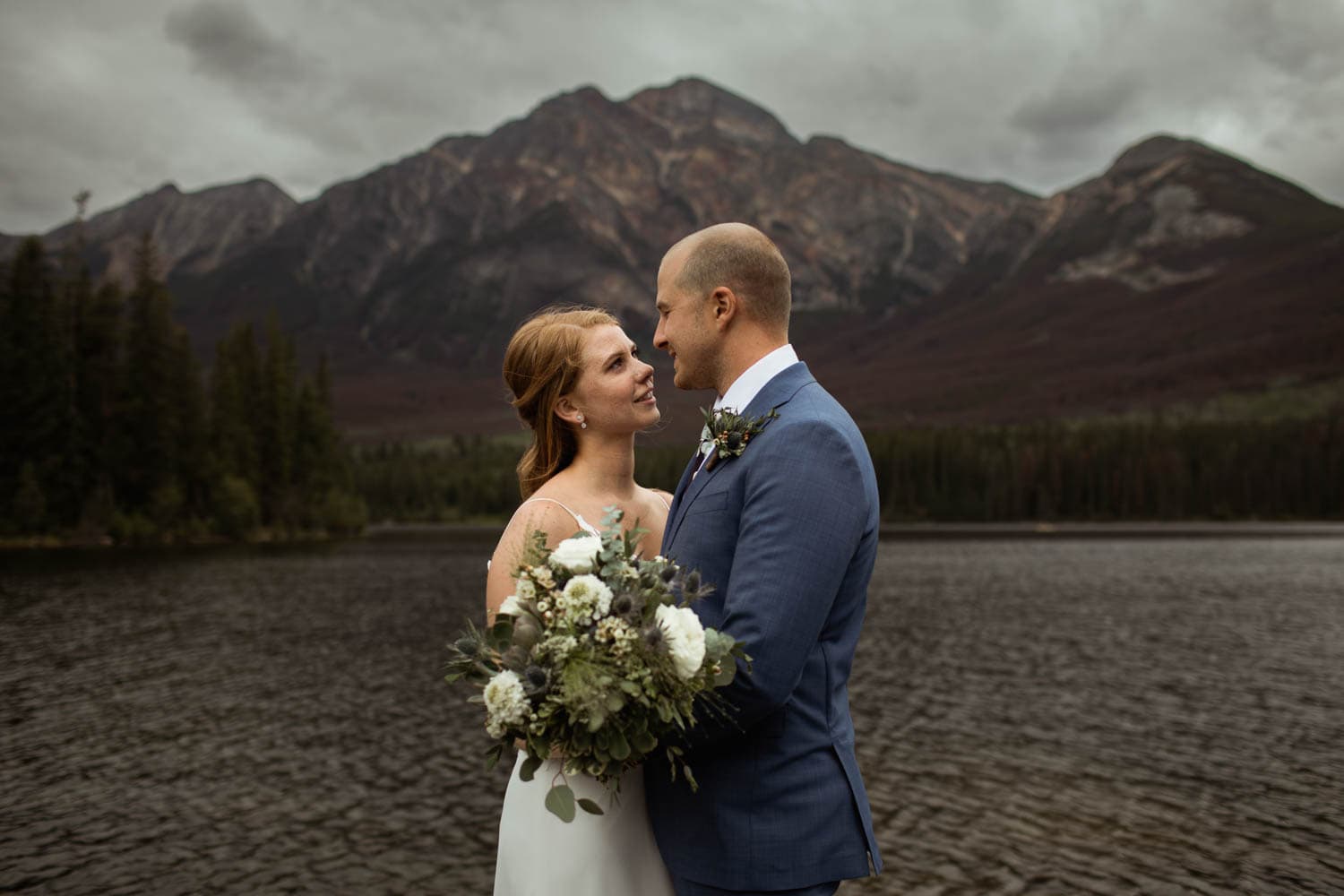 bride and groom mountain portrait