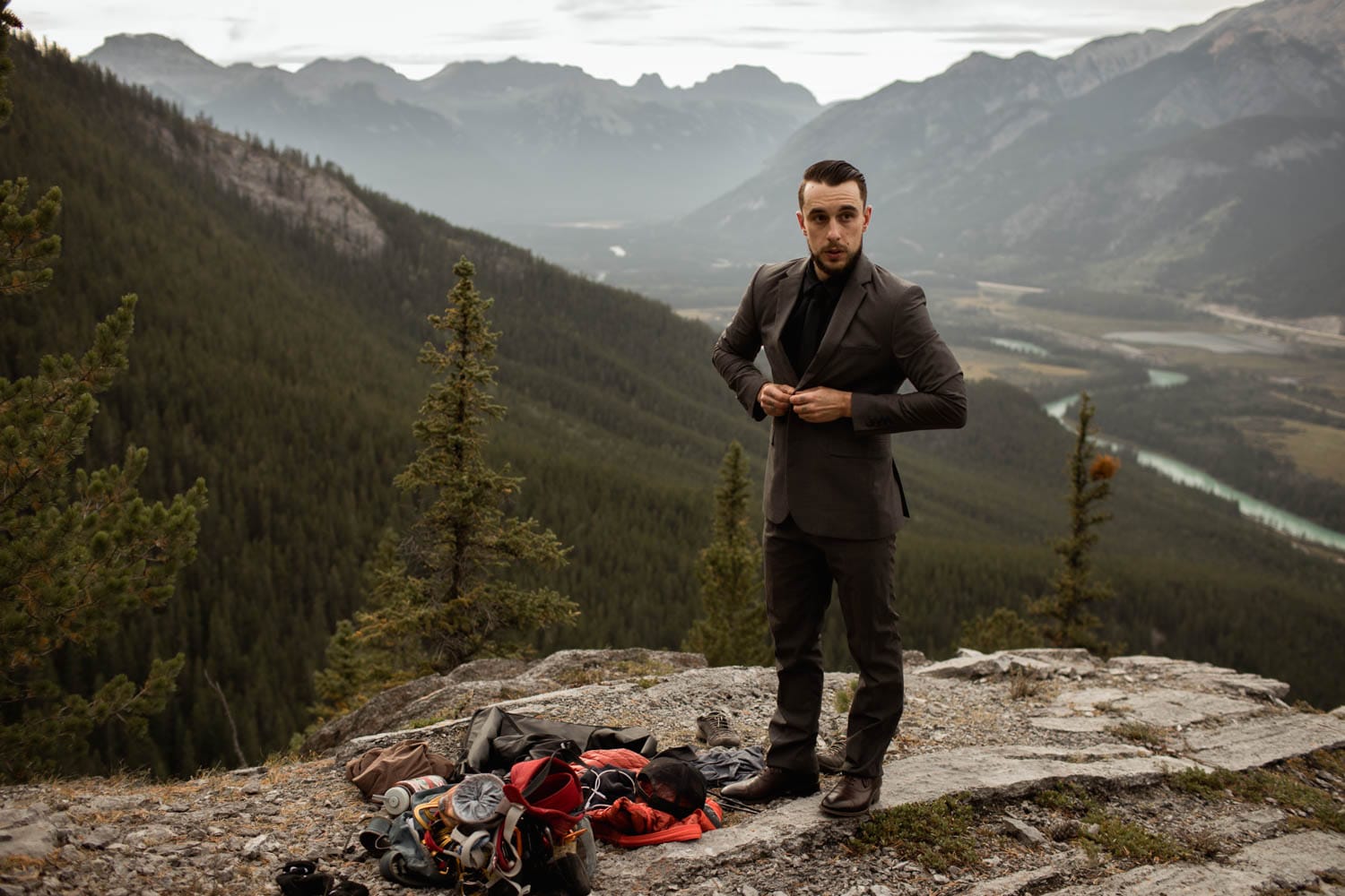 Groom getting ready in Banff