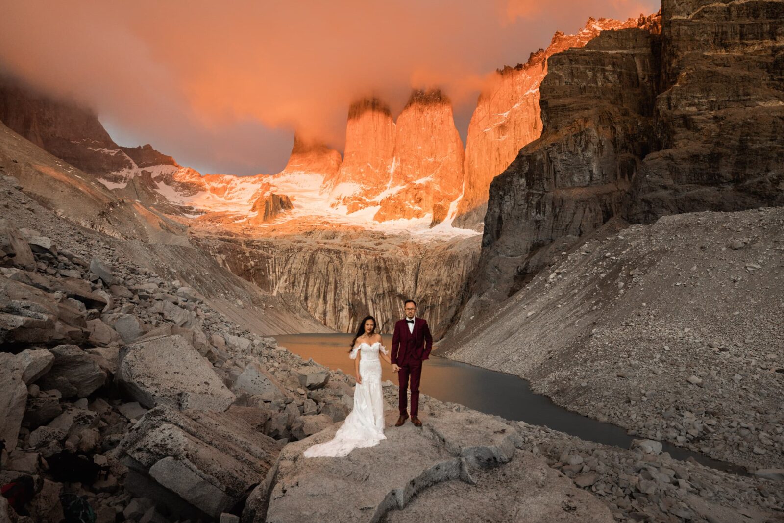 sunrise at the towers at Torres del Paine on an elopement day